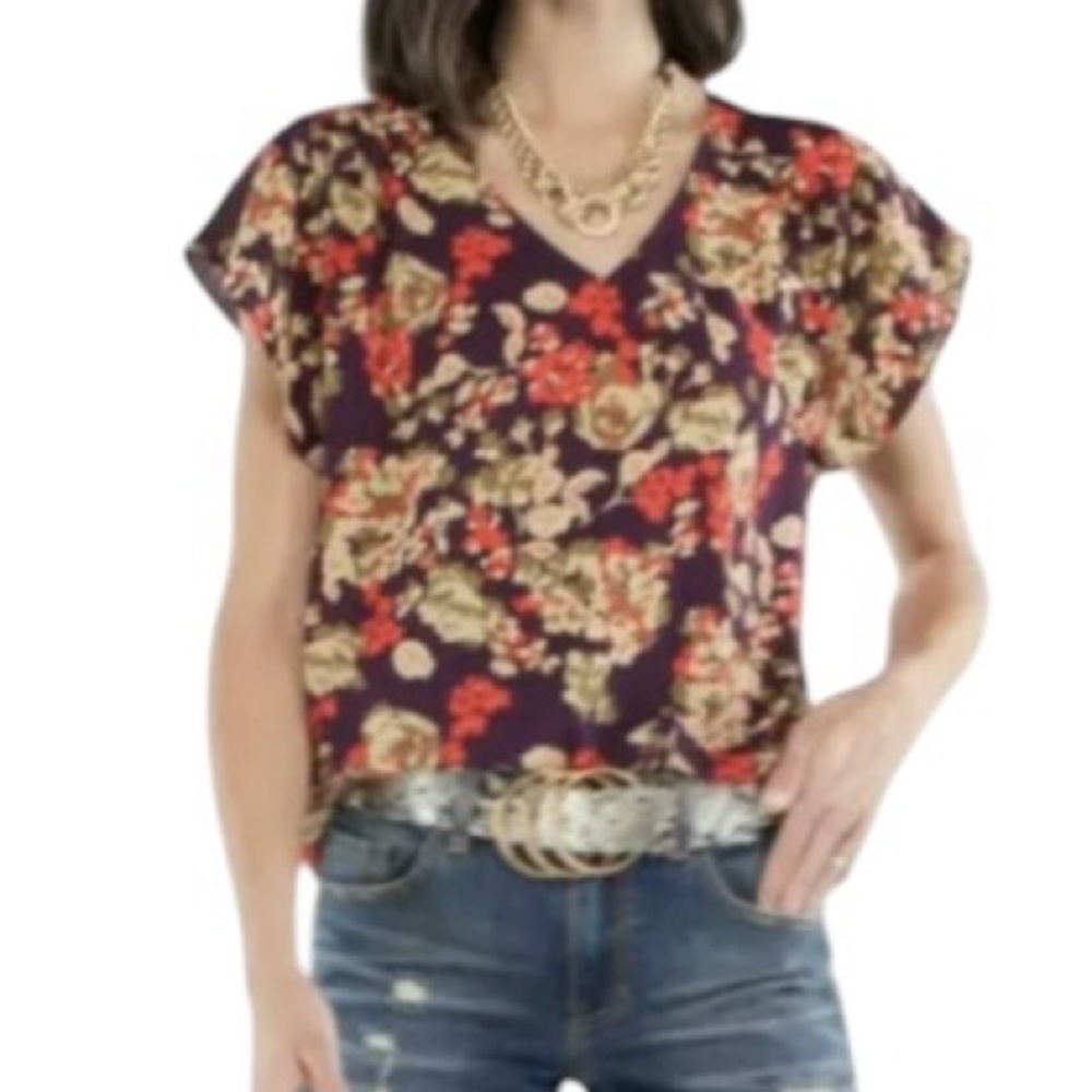 CAbi Purple Floral V-Neck Cap Sleeve Blouse with Red and Cream Accents